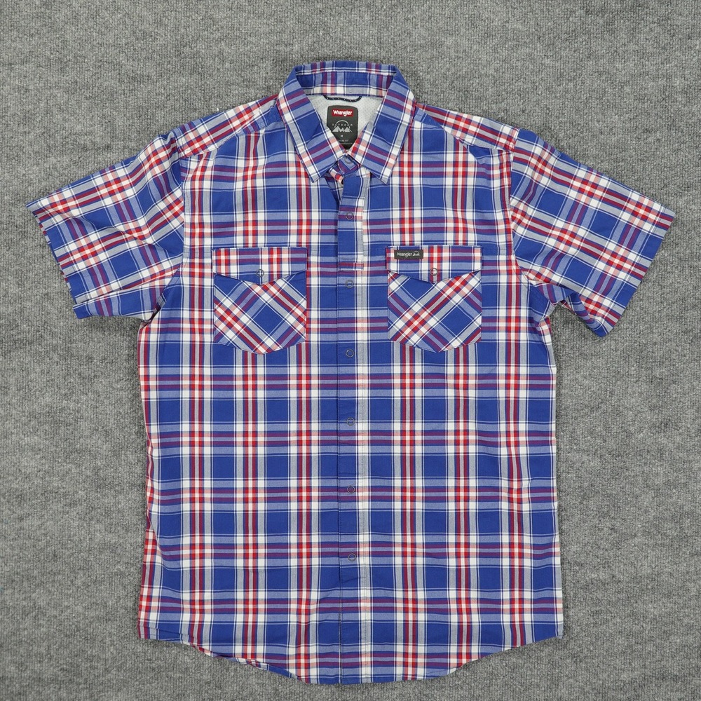 Wrangler Outdoor Shirt Mens Medium Blue Red Plaid Short Sleeve Regular Fit‎